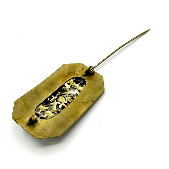 XL Art Nouveau Brass Brooch with Green Foil-Back Glass Stone — EUC - Picture 2 of 9